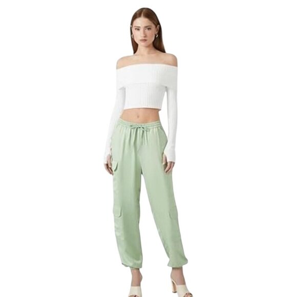 NEW Gorgeous Satin Mid-Rise Cargo Pants Size M Sage Green Joggers Elastic Waist - Picture 2 of 10